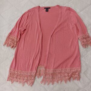 pink open cardigan with crochet lace detail